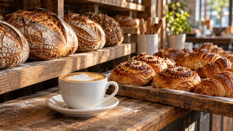 Sourdough loaves, cinnamon buns and croissants on a bakery counter with a cappuccino in front