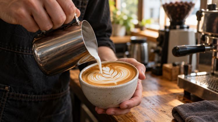 A barista pouring steamed milk into a flat white to make a leaf pattern, with an espresso machine and grinder behind