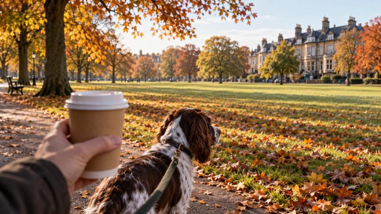 A takeaway coffee and a spaniel on a lead on the Stray in Harrogate in autumn, with stone Victorian terraces beyond