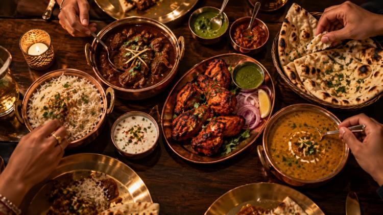 A table of Indian dishes in copper bowls with rice, naan and chutneys, seen from above in warm evening light