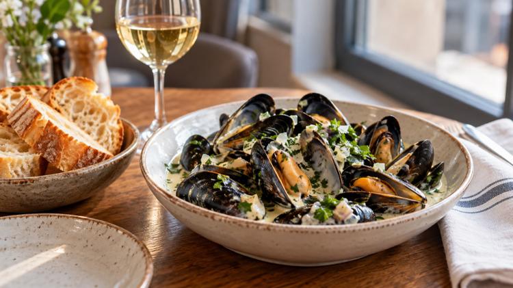 A bowl of mussels in a creamy white wine sauce with crusty bread and a glass of white wine on a restaurant table by a window