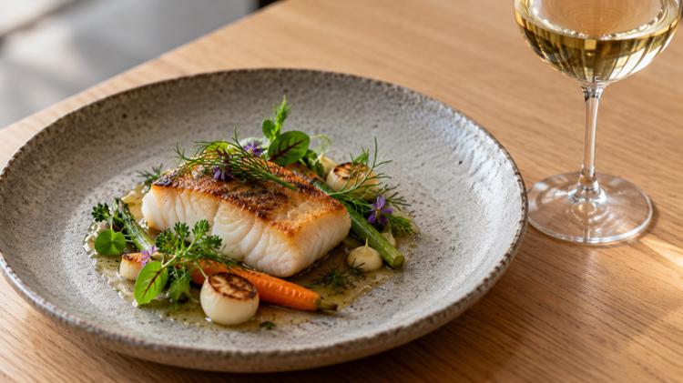 A small tasting-menu course of seared fish and garden vegetables on a stoneware plate, with a glass of white wine on a bare oak table