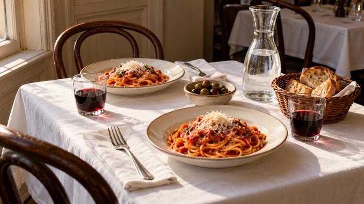 Two plates of spaghetti with tomato sauce and parmesan, bread, olives and red wine on a white tablecloth by a sash window