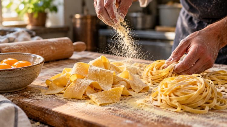 A chef's hands dusting fresh pappardelle and tagliatelle with semolina on a floured wooden board