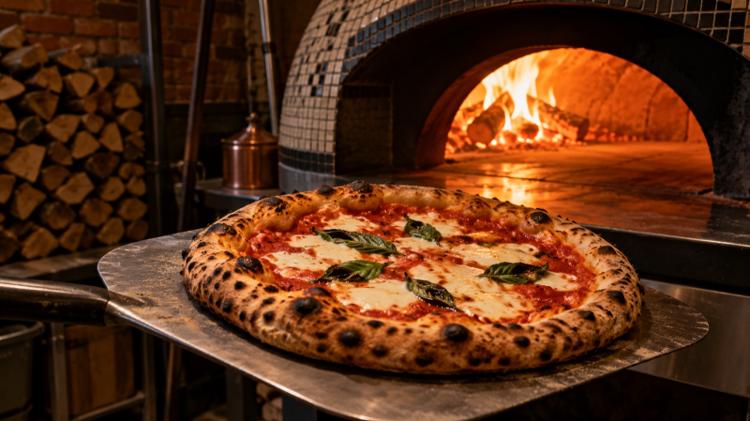 A Neapolitan margherita with a charred crust on a metal peel in front of a wood-fired oven