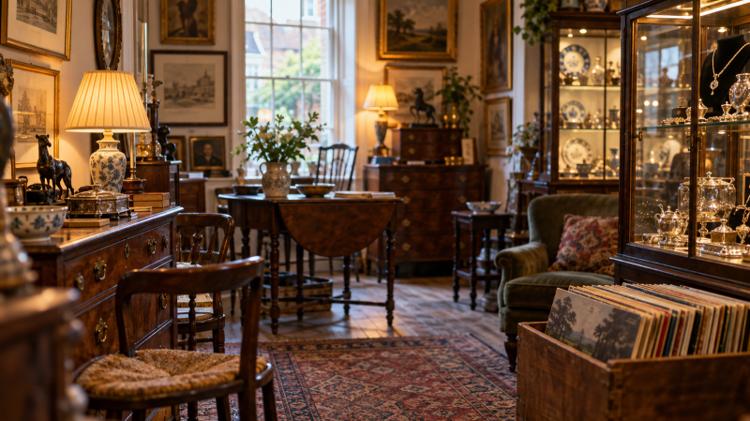 Inside an antiques shop with Georgian furniture, framed prints, a cabinet of silver and a crate of vinyl records
