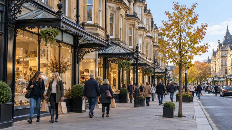 Shoppers walking under cast-iron and glass canopies along a Victorian sandstone shopping street in Harrogate town centre