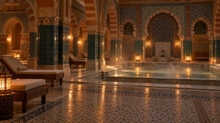 A tiled Victorian steam room with Moorish arches, glazed brickwork and soft lamplight, empty and ready for bathers