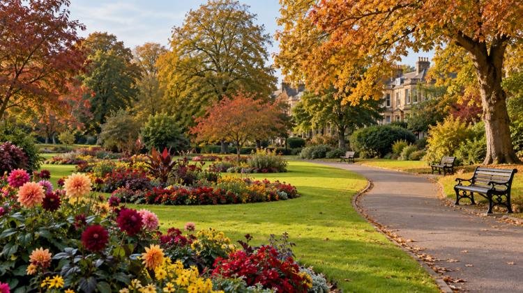 Flower beds and lawns in Valley Gardens, Harrogate, in autumn, with the open Tuscan columns of the Sun Colonnade and honey-coloured stone villas beyond the trees
