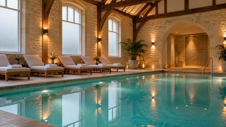 A calm indoor spa pool with warm lighting, loungers and folded white towels beside tall arched windows