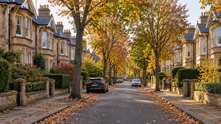 A tree-lined street of honey-coloured Yorkshire sandstone Victorian villas with bay windows and slate roofs in Harrogate