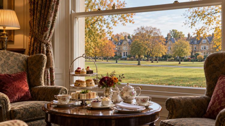 Afternoon tea on a low table in a Victorian hotel lounge, with a tall window looking out over the wide open grass of the Stray in Harrogate and honey-coloured sandstone terraces beyond