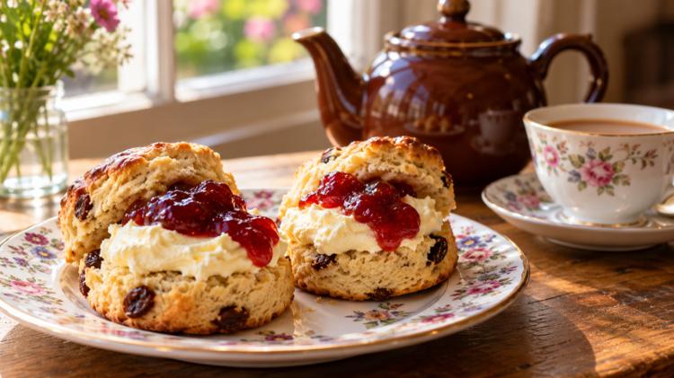 Two split fruit scones with clotted cream and strawberry jam beside a pot of tea on a café table by a window