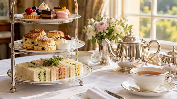 A three-tier stand of finger sandwiches, scones and miniature cakes beside a silver teapot on a white tablecloth in a tall-windowed tea room