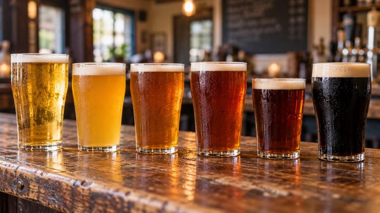 A row of pints of real ale and craft beer in different shades on a wooden bar top