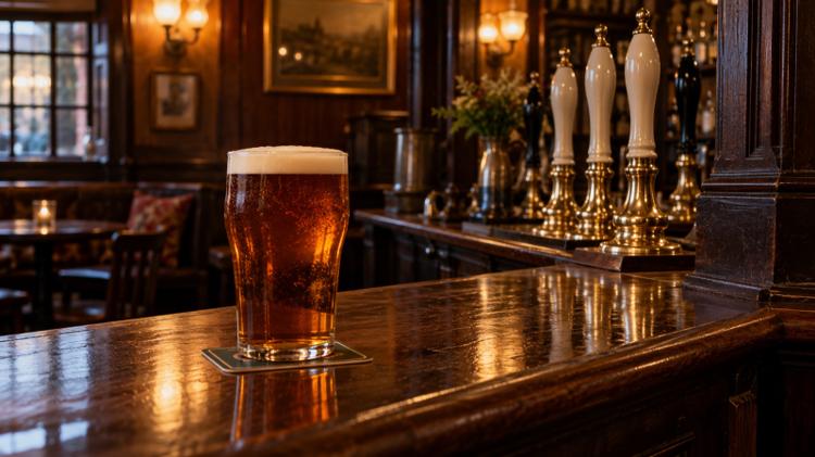 A wooden pub bar with brass hand pumps, a pint of amber ale and warm lamplight in an old stone-built pub