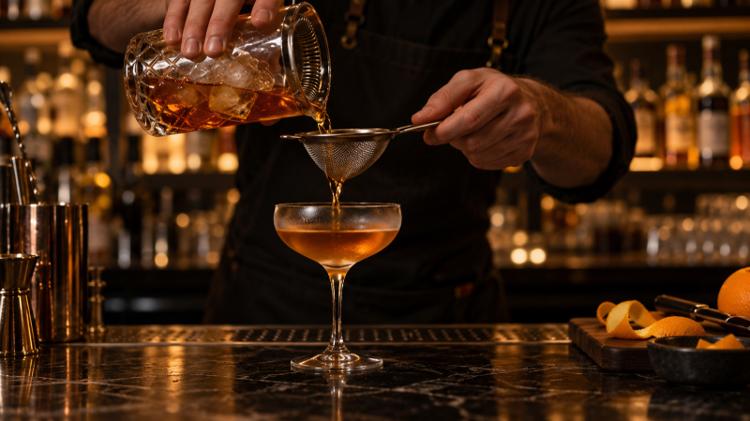 A bartender pouring a stirred cocktail into a coupe glass on a dark marble bar with low warm lighting