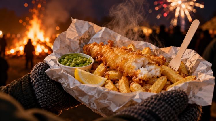 Fish and chips with mushy peas held in gloved hands on a cold night, with a bonfire and fireworks blurred behind