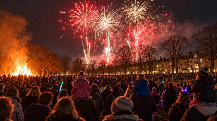 Red and gold fireworks over a large crowd on the Stray in Harrogate, with a bonfire glowing to one side and stone Victorian terraces beyond the grass