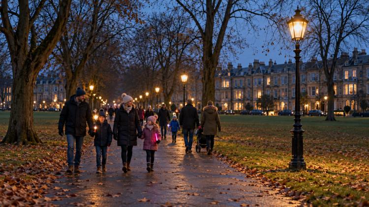 Families walking along a tree-lined path across the Stray in Harrogate at dusk, with lamp posts lit and stone terraces in the distance