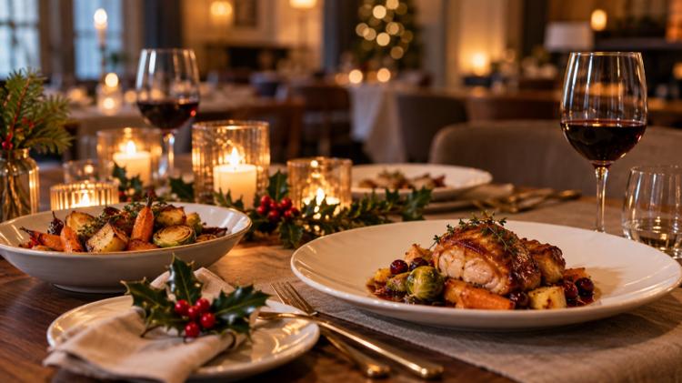 A table set for a winter dinner with candles, a sprig of holly and plates of roast vegetables in a softly lit restaurant