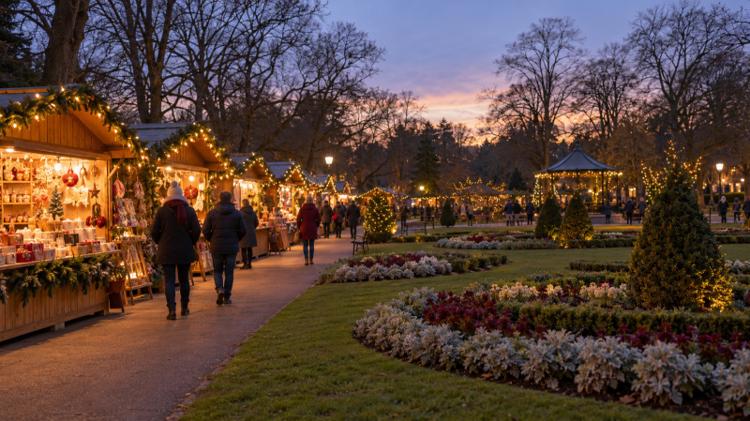 Wooden market stalls with warm string lights beside winter flower beds and bare trees in Valley Gardens, Harrogate, at dusk