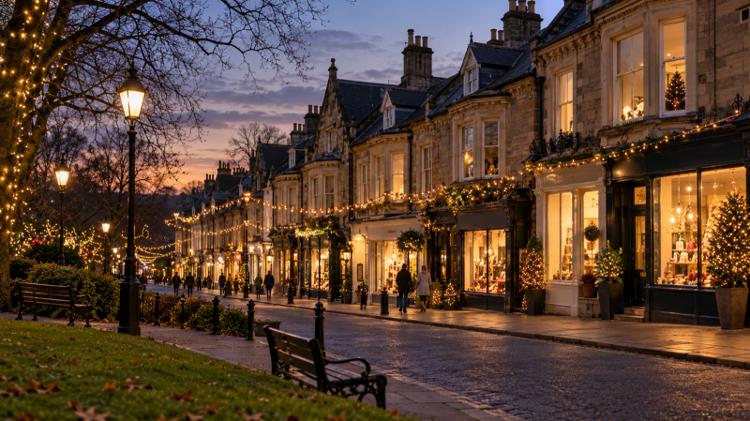 Honey-coloured sandstone Victorian shopfronts in Harrogate's Montpellier Quarter at dusk, with warm Christmas lights strung above the street