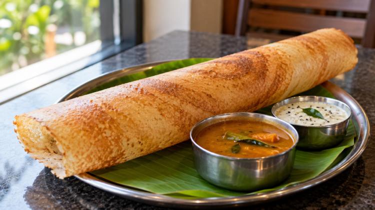 A crisp masala dosa on a banana leaf with small bowls of sambar and coconut chutney