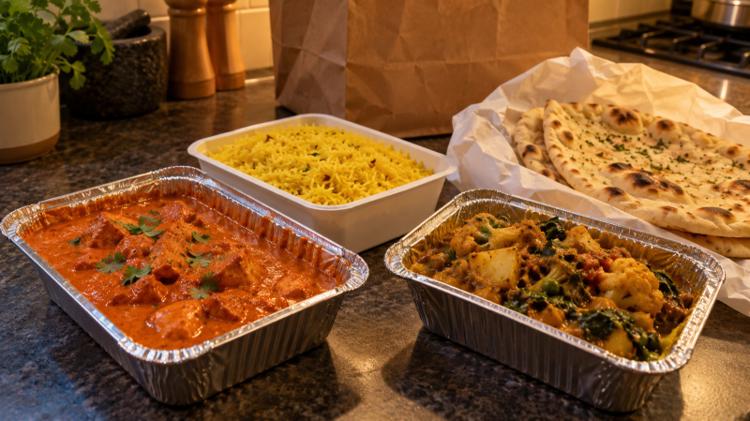An Indian takeaway unpacked on a kitchen worktop: chicken tikka masala, pilau rice, a vegetable curry and naan