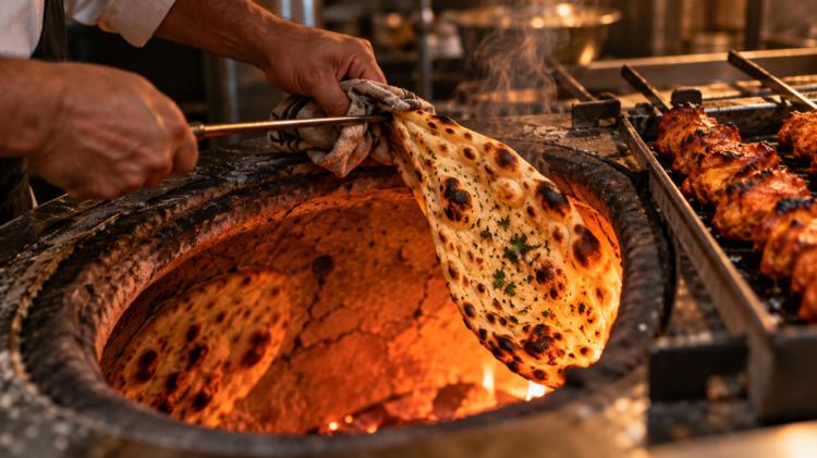 A chef pulling a blistered naan from a glowing clay tandoor oven, with skewers of chicken tikka beside it