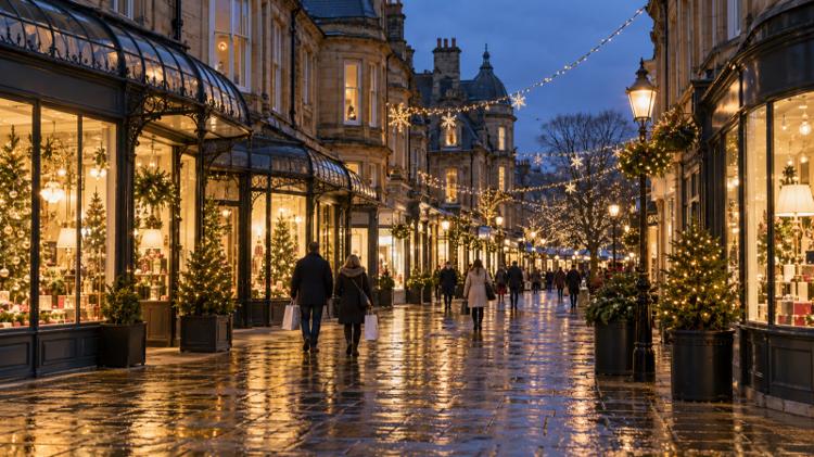 Shoppers with bags under glazed iron canopies on a Harrogate shopping street of Victorian sandstone, with Christmas lights strung overhead at dusk