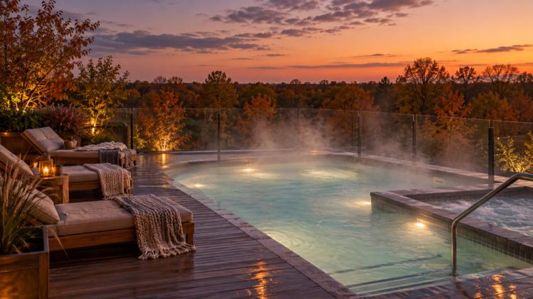 A steaming rooftop spa pool with wooden loungers and blankets at dusk, autumn woodland beyond