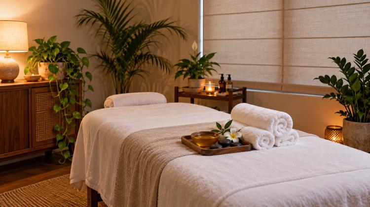 A treatment room set for a massage with white towels, warm oil and smooth stones under soft lamp light