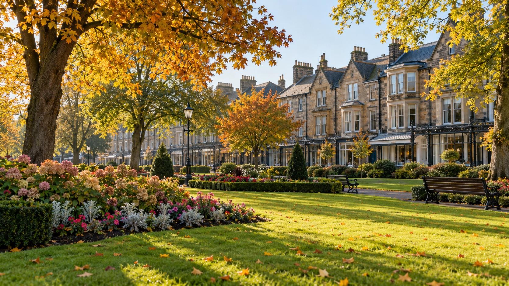 Tree-lined grass and Victorian stone terraces on a spring morning in Harrogate